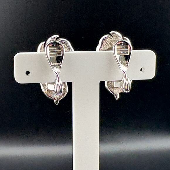 Signed Monet Vintage Silver Tone Rhinestone Feather Clip On Earrings 1-1/8" - Picture 3 of 3